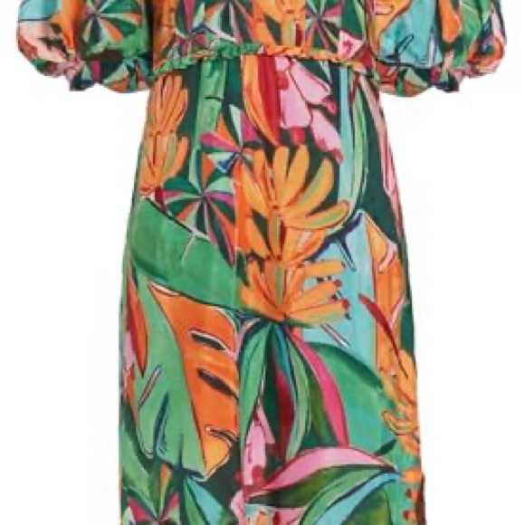 FARM RIO Women's Banana Foliage Multicolor Puffed Sleeve Midi Dress, - Picture 3 of 3